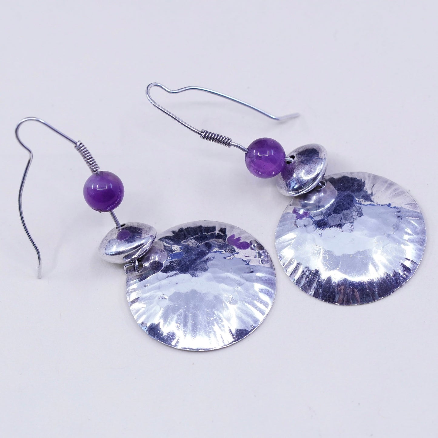 Sterling silver handmade earrings, hammered 925 circle dangle with amethyst