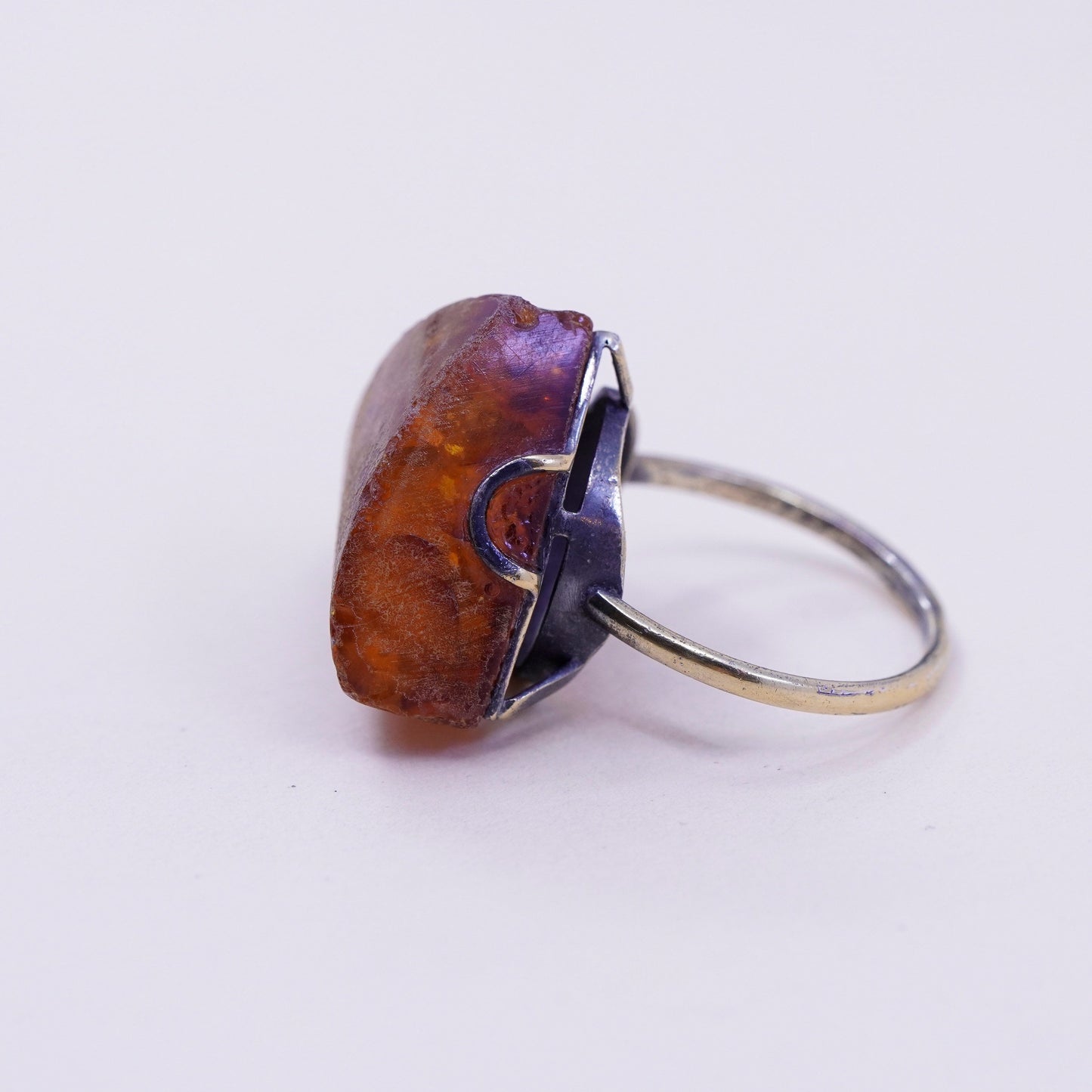 Size 7.5, Soviet Union USSR 875 silver 18k natural Baltic amber ring modernist