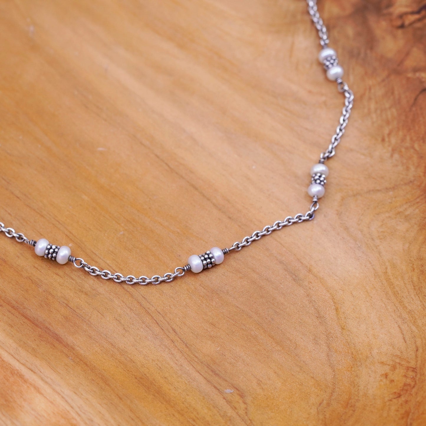 16”, Sterling 925 silver handmade necklace, circle chain with 3freshwater pearl