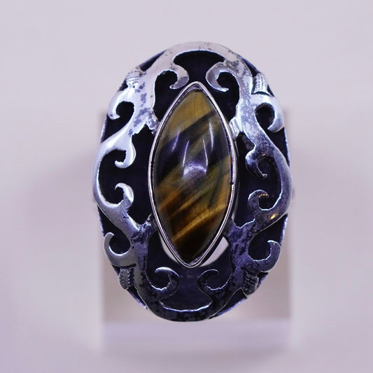 Size 6.5, sterling silver ring, handmade 925 swirly band with golden tiger eye