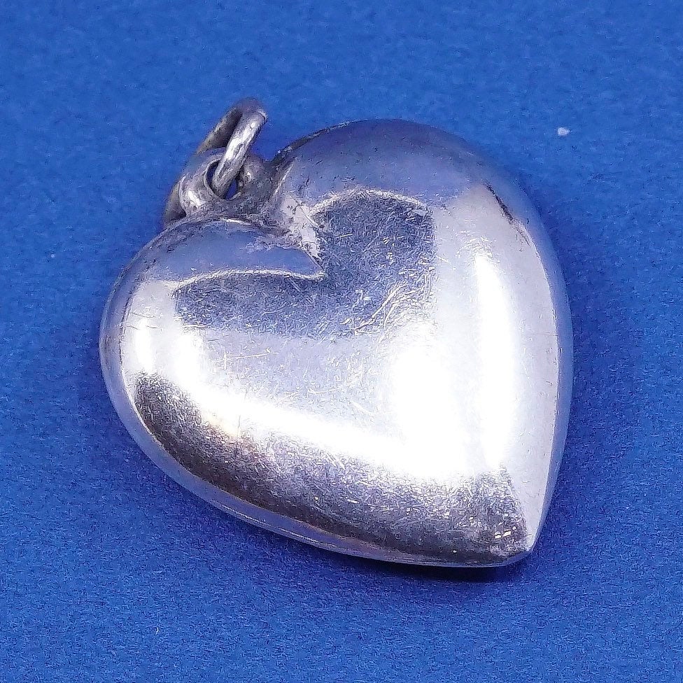 vtg Sterling silver handmade pendant, puffy 925 heart, silver tested