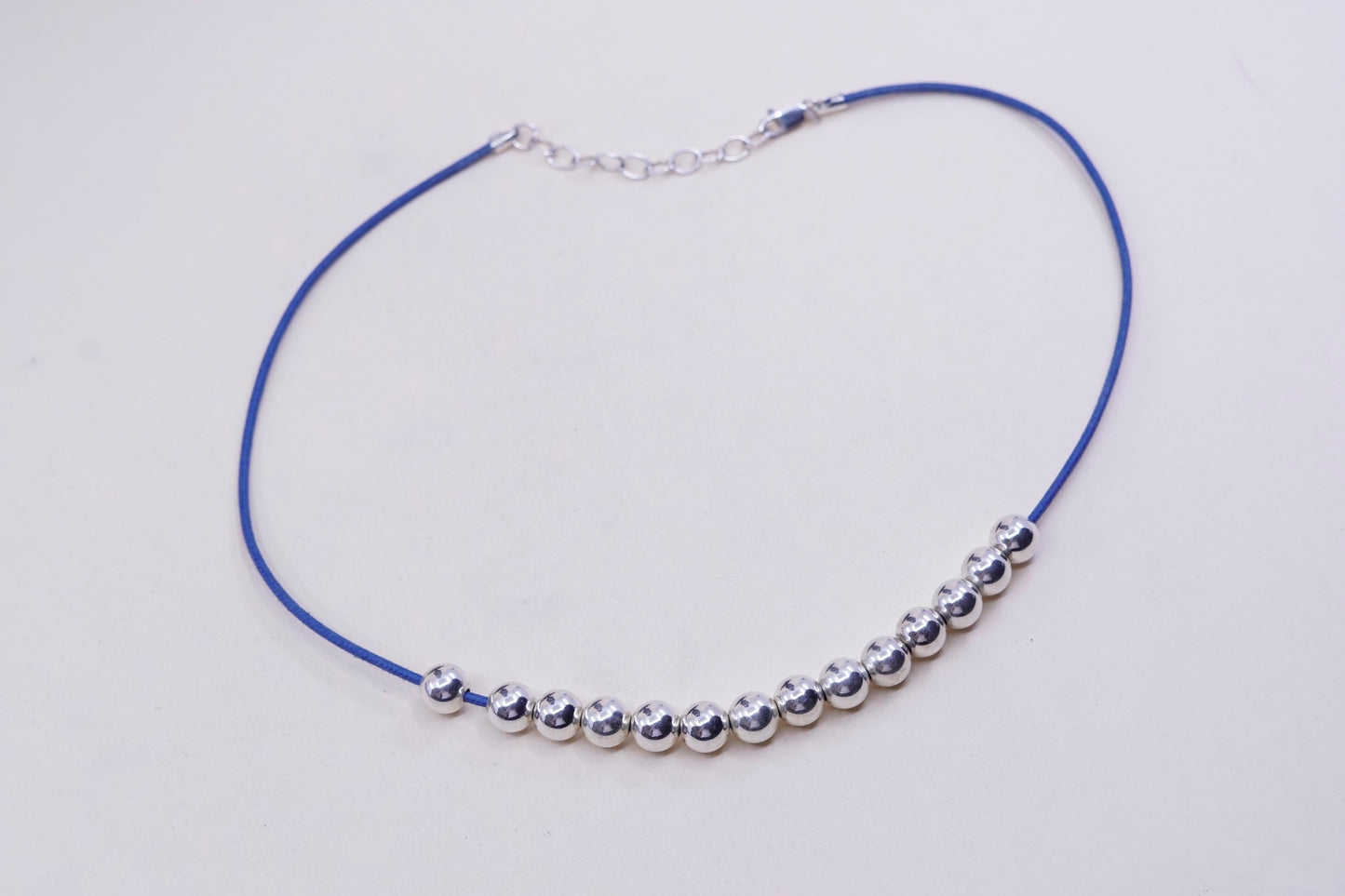 16+2”, Vintage sterling 925 silver handmade beads necklace, blue linen chain