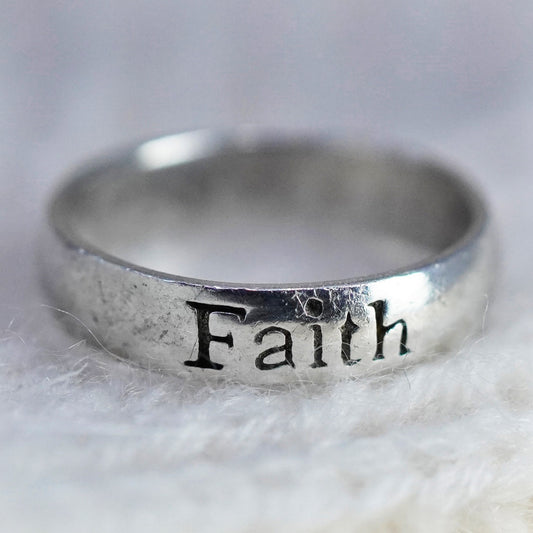 Size 6, Vintage sterling 925 silver handmade ring, band embossed “faith"