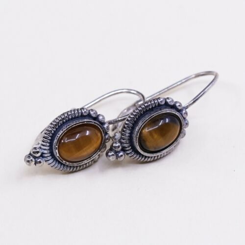 Vtg Sterling Silver Handmade Earrings, 925 Silver W/ Golden Tiger Eye