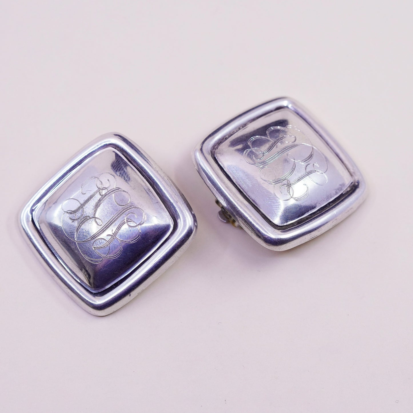 Vintage Sterling silver clip on earrings, Modern 925 square with monogram “GBL”