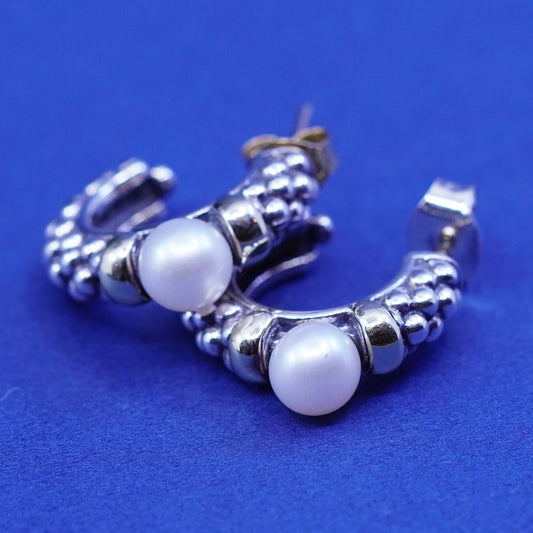 0.75” Lagos 18K gold 750 Sterling 925 Silver Caviar Huggie Earrings Studs pearl