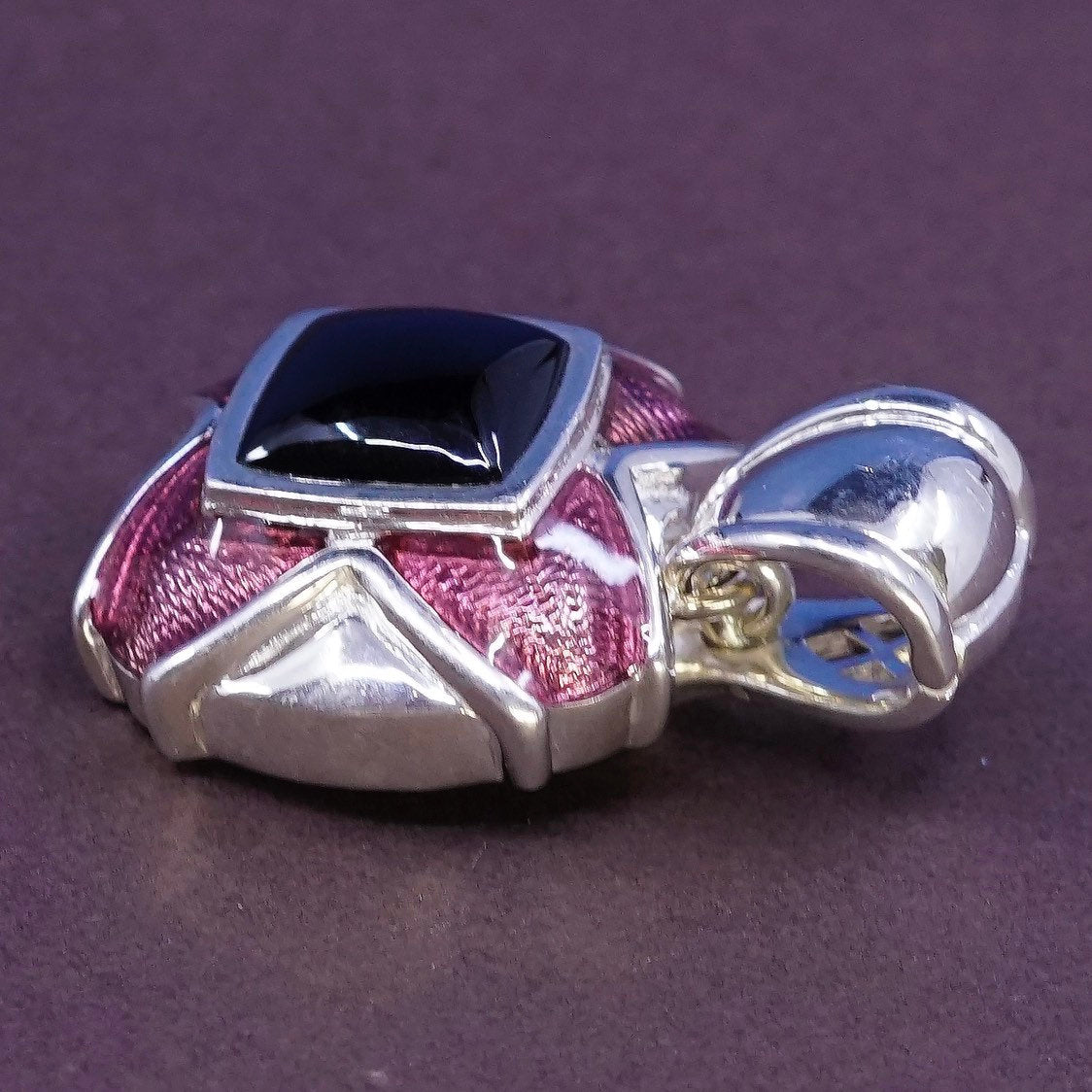 VTG CA square modern modernist sterling 925 silver pendant w/ obsidian N enamel