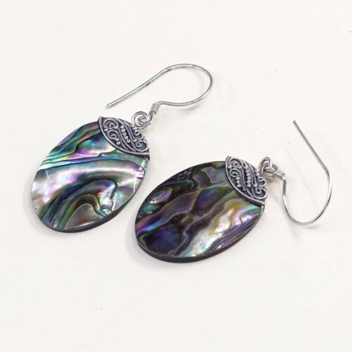 Vtg Sterling Silver Handmade Earrings, 925 Silver Hooks W/ Oval abalone Inlay