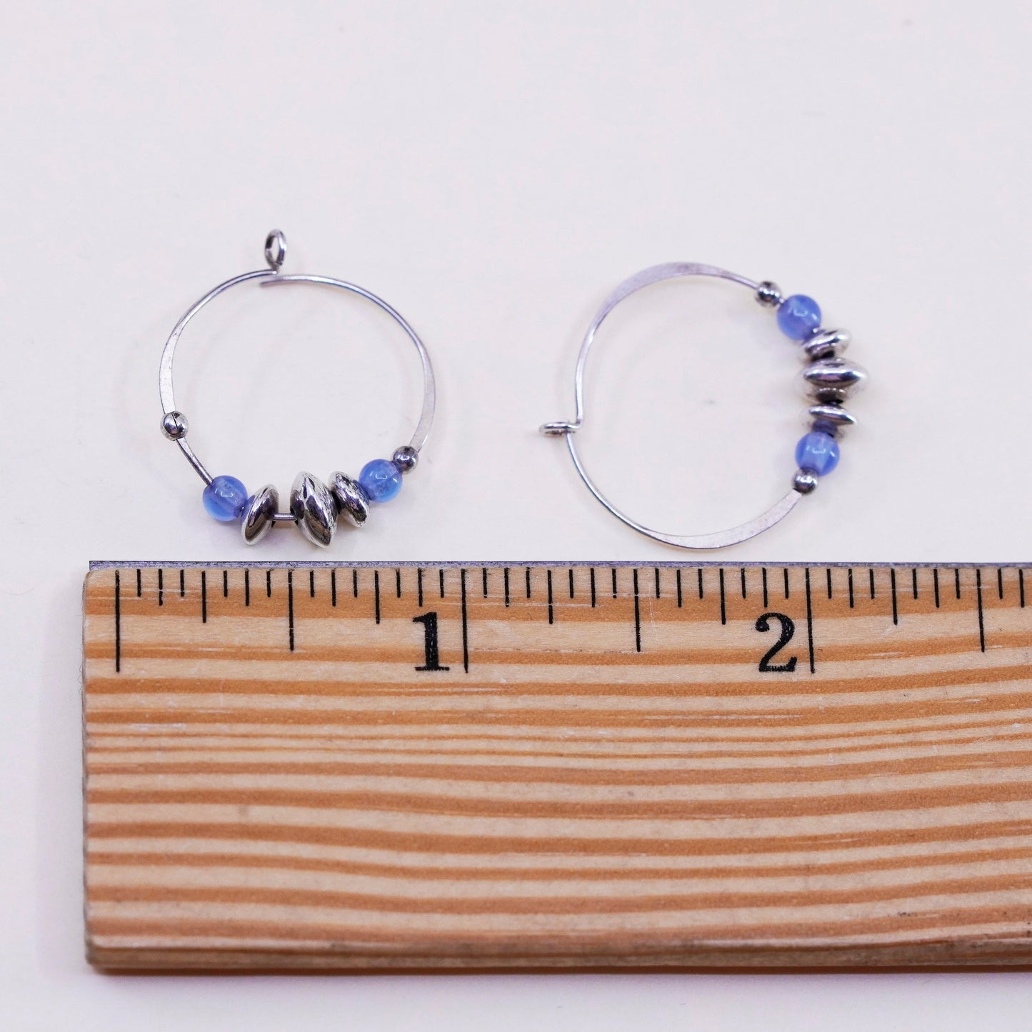 0.75”, sterling 925 silver loop earrings, primitive hoops blue cats eye beads