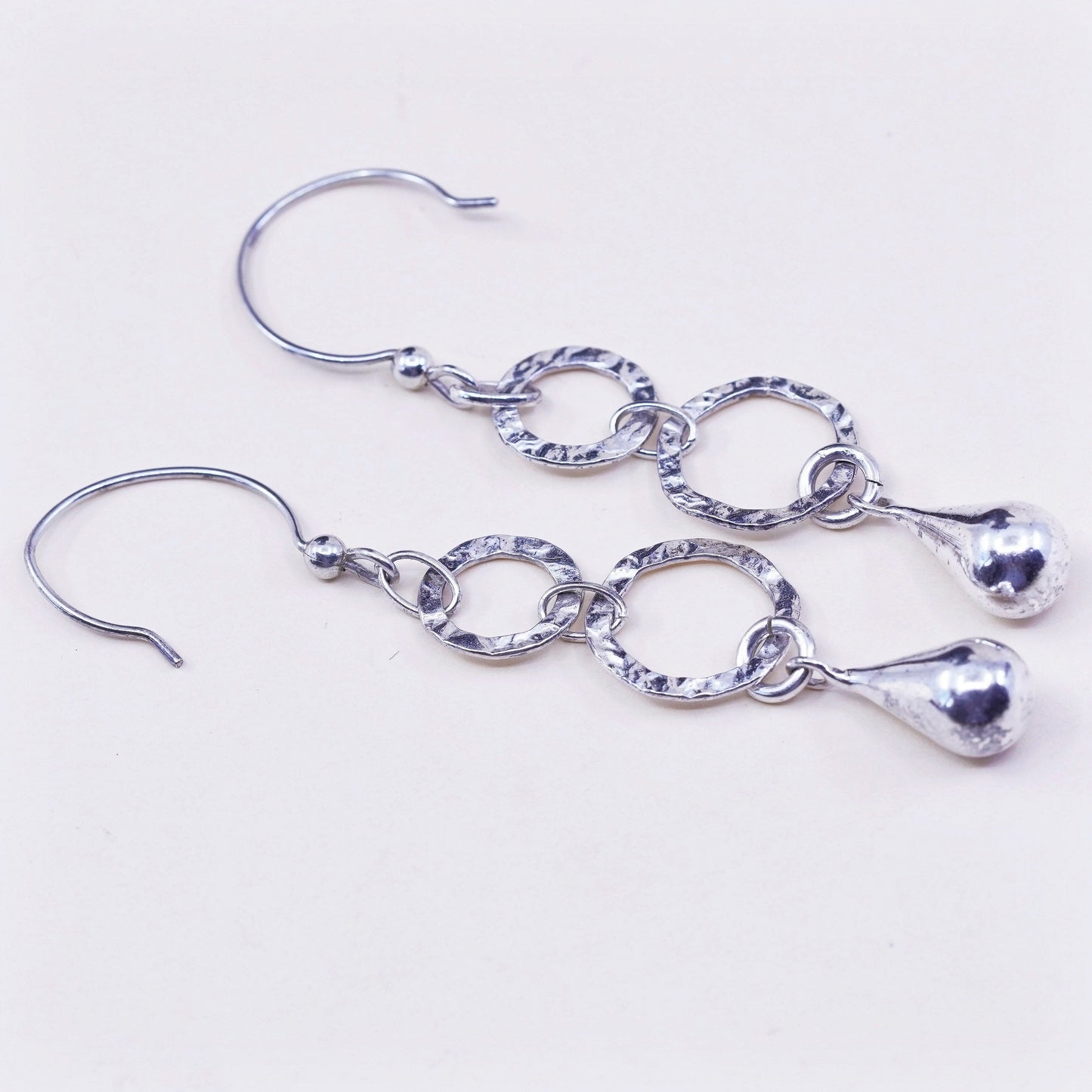 vtg sterling silver handmade earrings, 925 hammered circle w/ teardrop dangles