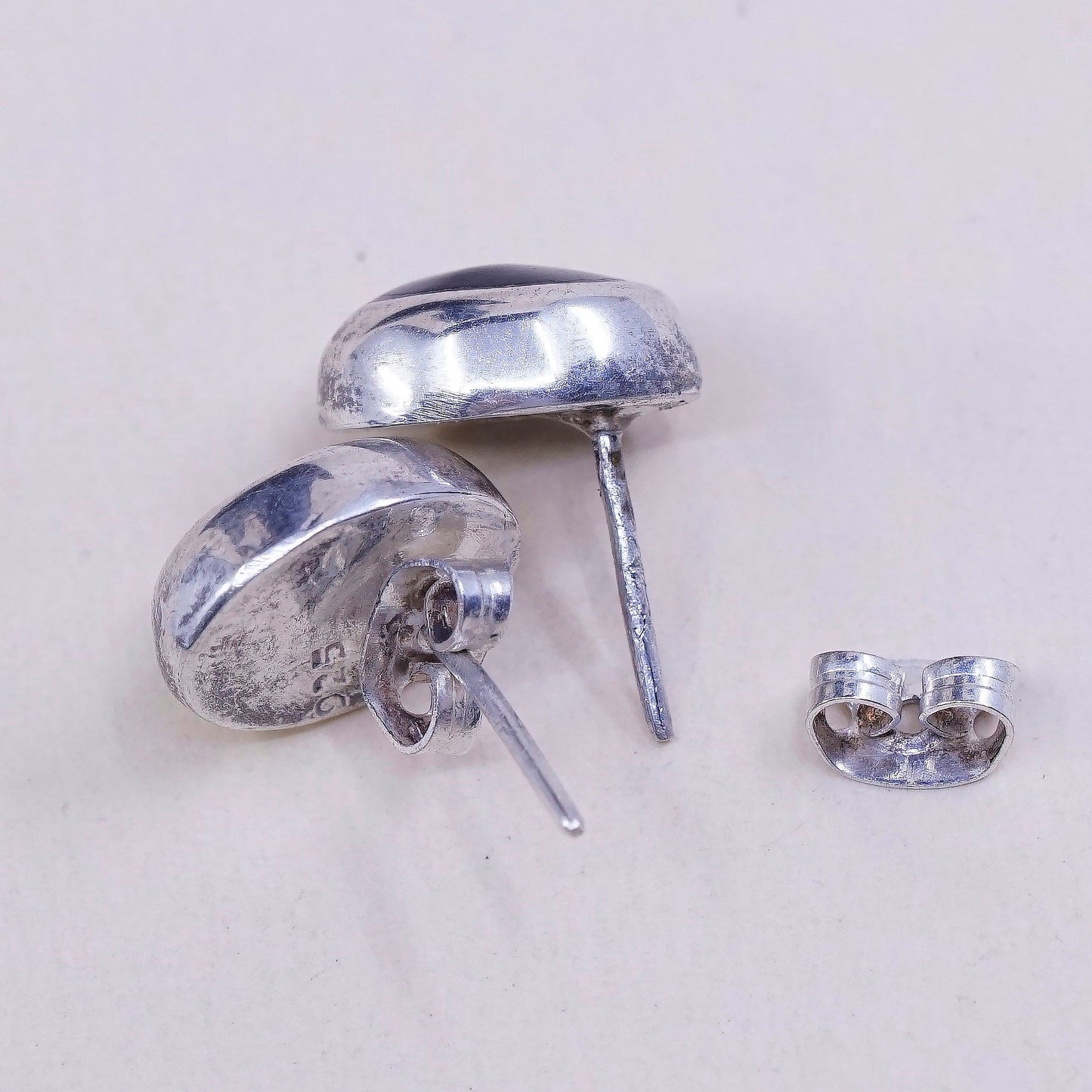 VTG Sterling silver handmade earrings, Mexico 925 stud w/ oval obsidian