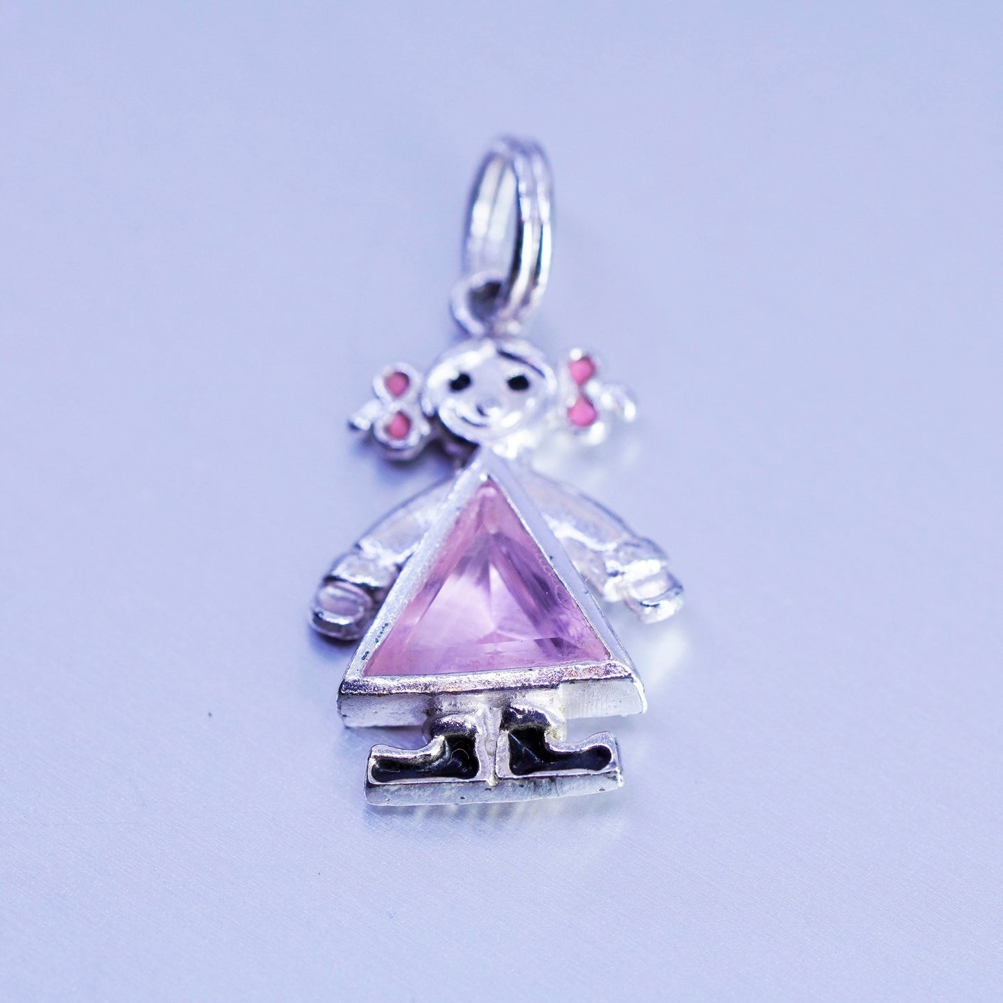 Antique Sterling silver handmade charm, 925 birthstone pink crystal dress