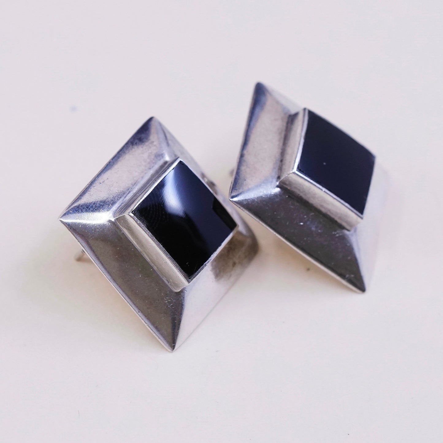 vtg Sterling silver handmade earrings, Modern 925 stud w/ square obsidian