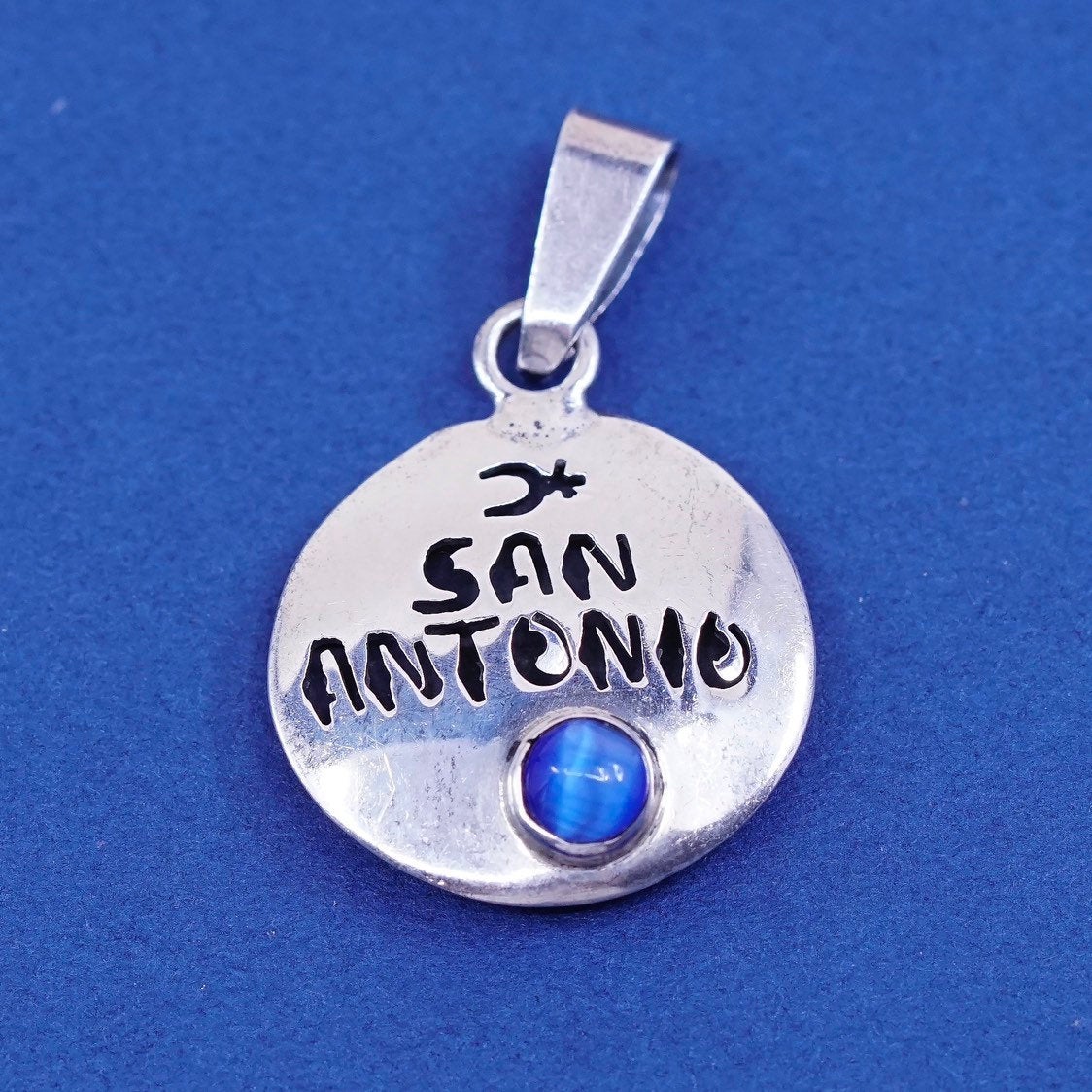 mexico sterling silver handmade pendant, 925 tag “San Antonio” N blue tiger eye