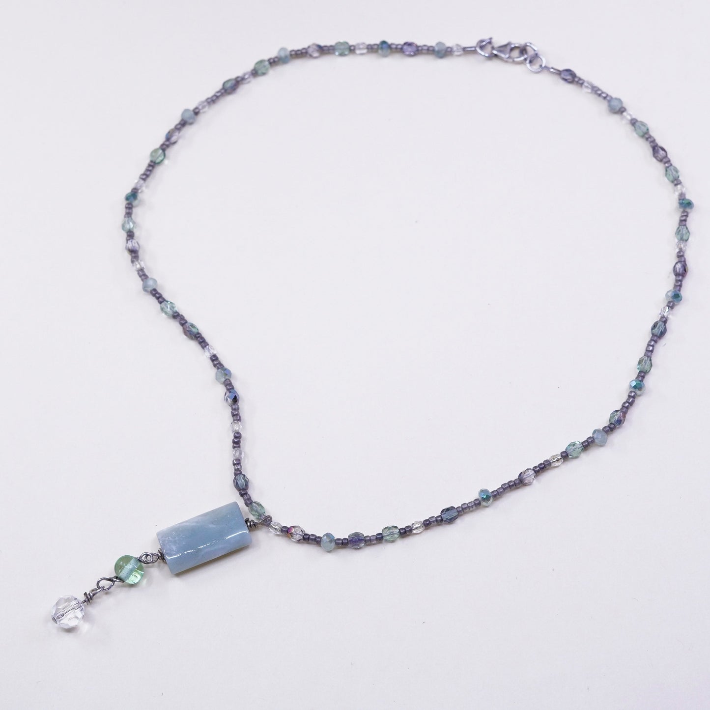 18”, Sterling 925 silver necklace, Crystal bead chain with jade pendant