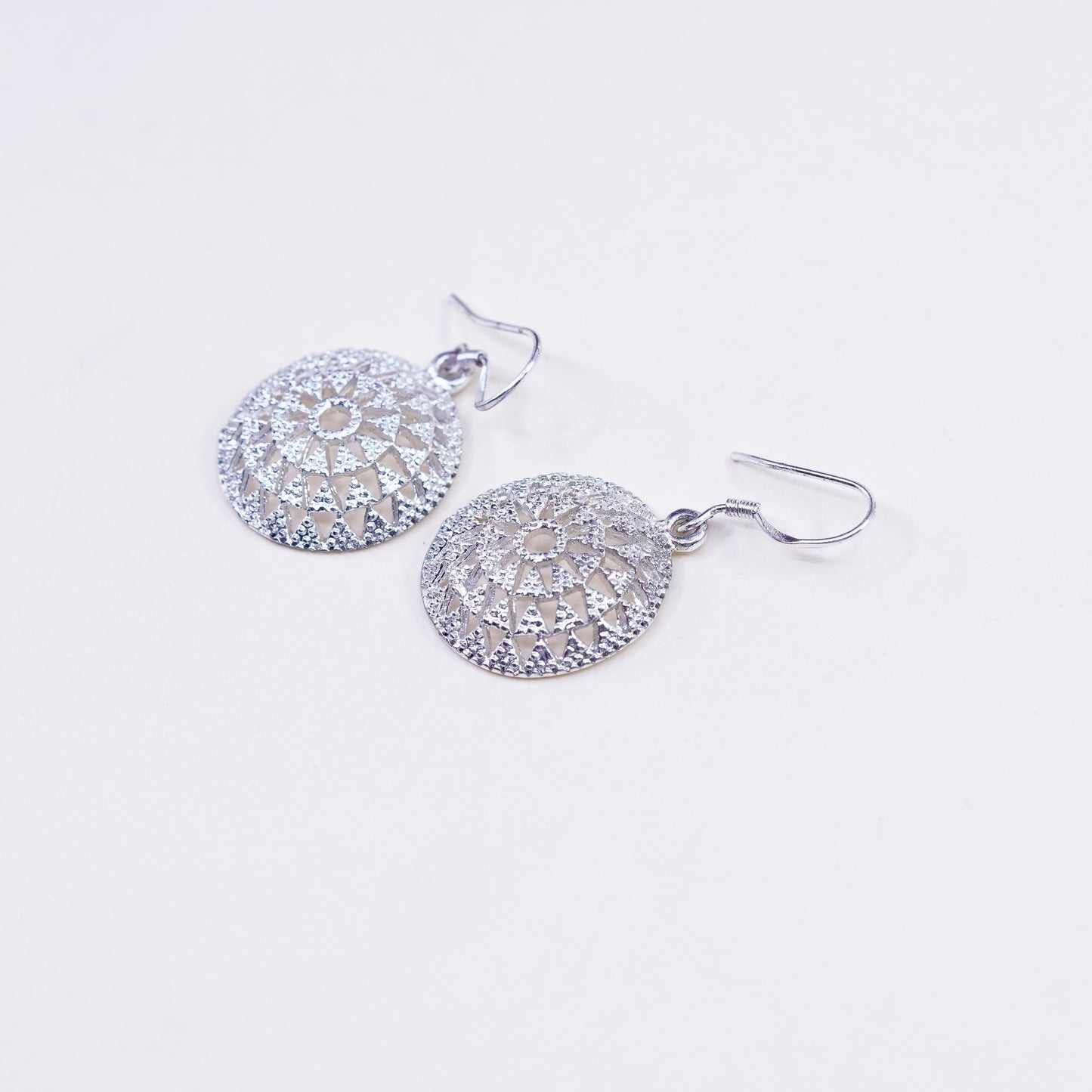 Vintage sterling silver handmade earrings, 925 textured circles dangle