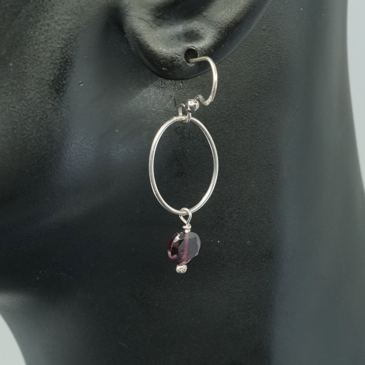 vtg sterling silver handmade earrings, 925 hoops w/ ruby