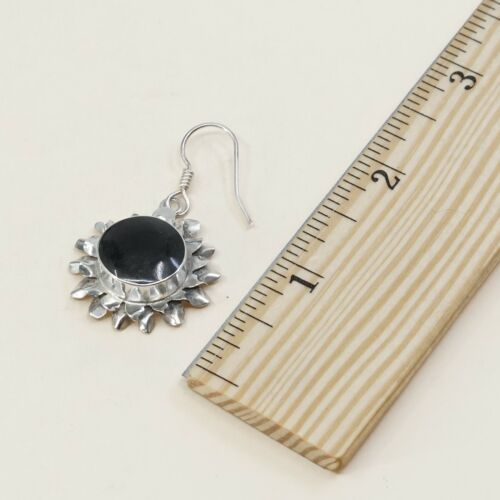 Vtg Sterling Silver Handmade Earrings, 925 Silver Sunflower W/ Obsidian Inlay