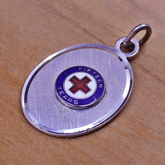 Sterling silver handmade charm, 925 enamel tag, engraved cross fifteen years