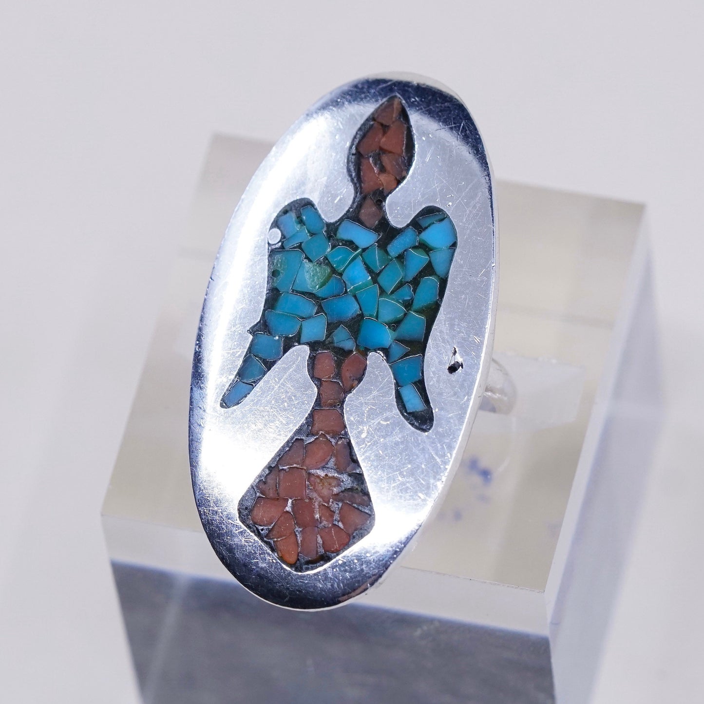 sz 6, natives American Sterling silver handmade ring, 925 turquoise coral bird