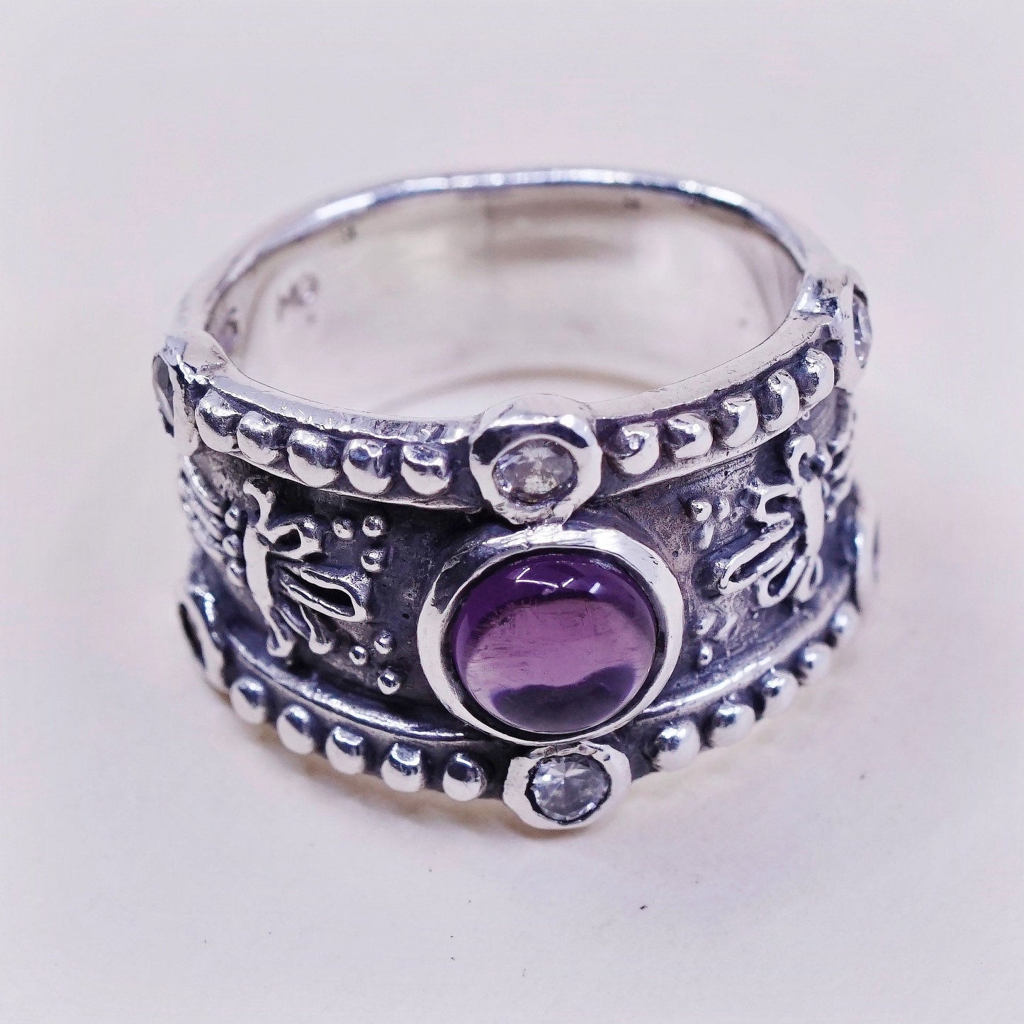 sz 6, sterling silver handmade statement ring, 925 wide band w/ amethyst and Cz