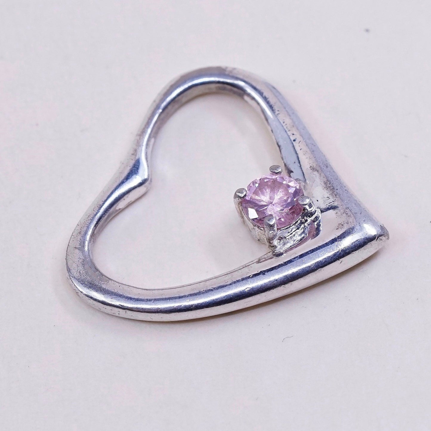 Vintage sterling silver pendant, heart 925 silver charm with pink crystal