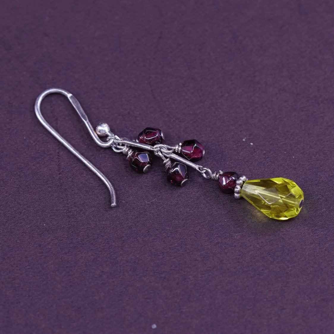 vtg Sterling silver earrings, 925 w/ garnet beads N teardrop citrine, dangle