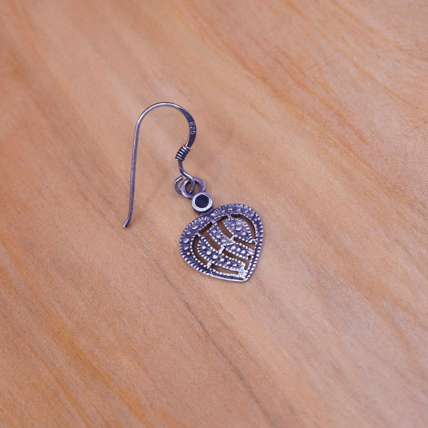 Vintage Sterling 925 silver handmade heart earrings with obsidian