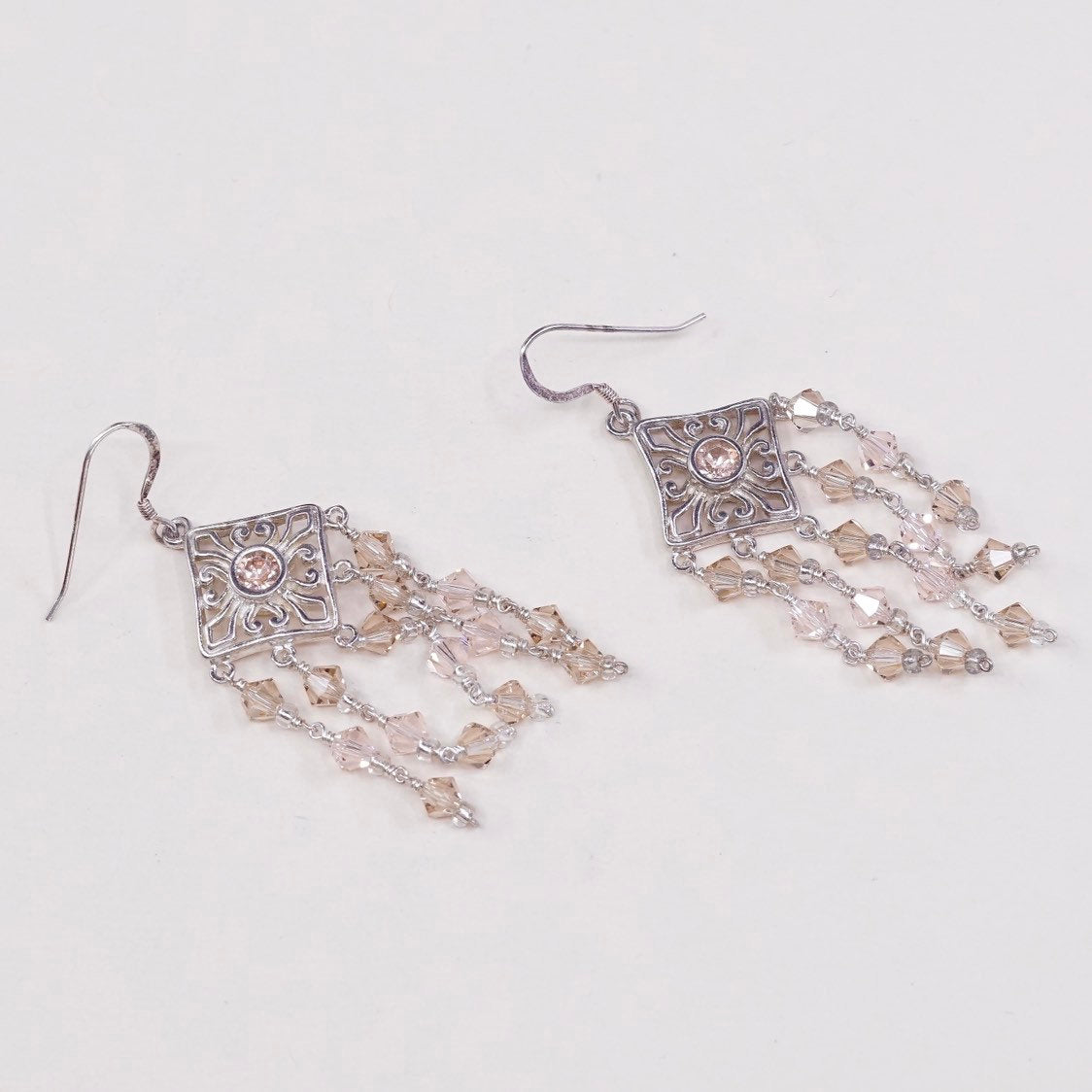 vtg sterling silver handmade earrings, 925 w/ cluster citrine fringe dangles
