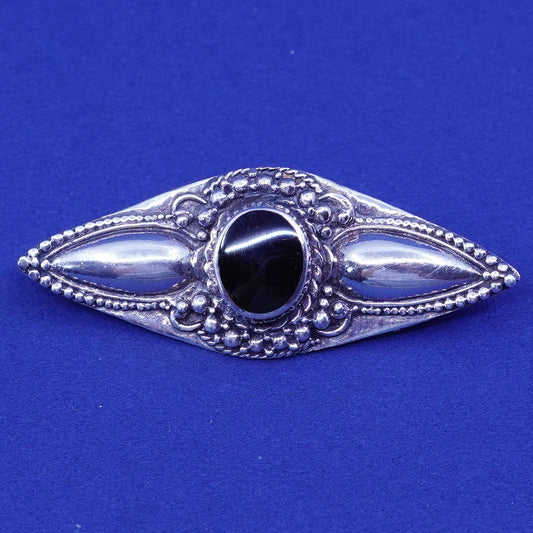 Vintage Sterling silver handmade long brooch, 925 bali pin with oval onyx