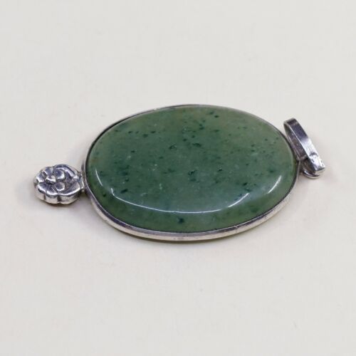 Vtg Sterling Silver Handmade Pendant solid 925 silver w/ Oval jade N Flowrt