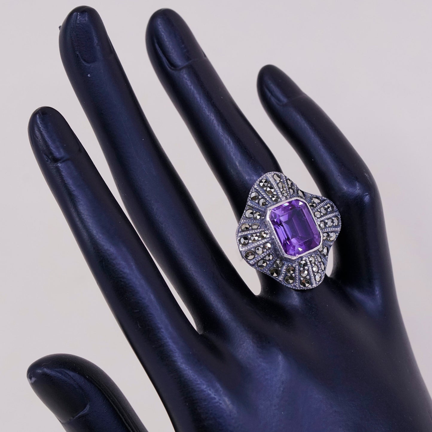 sz 6, VTG Judith Jack sterling 925 silver handmade ring w/ amethyst N marcasite