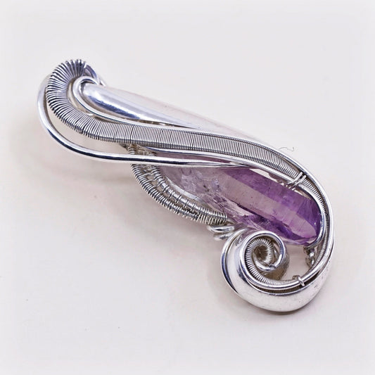 vtg sterling silver handmade pendant, 925 wired with healing amethyst crystal