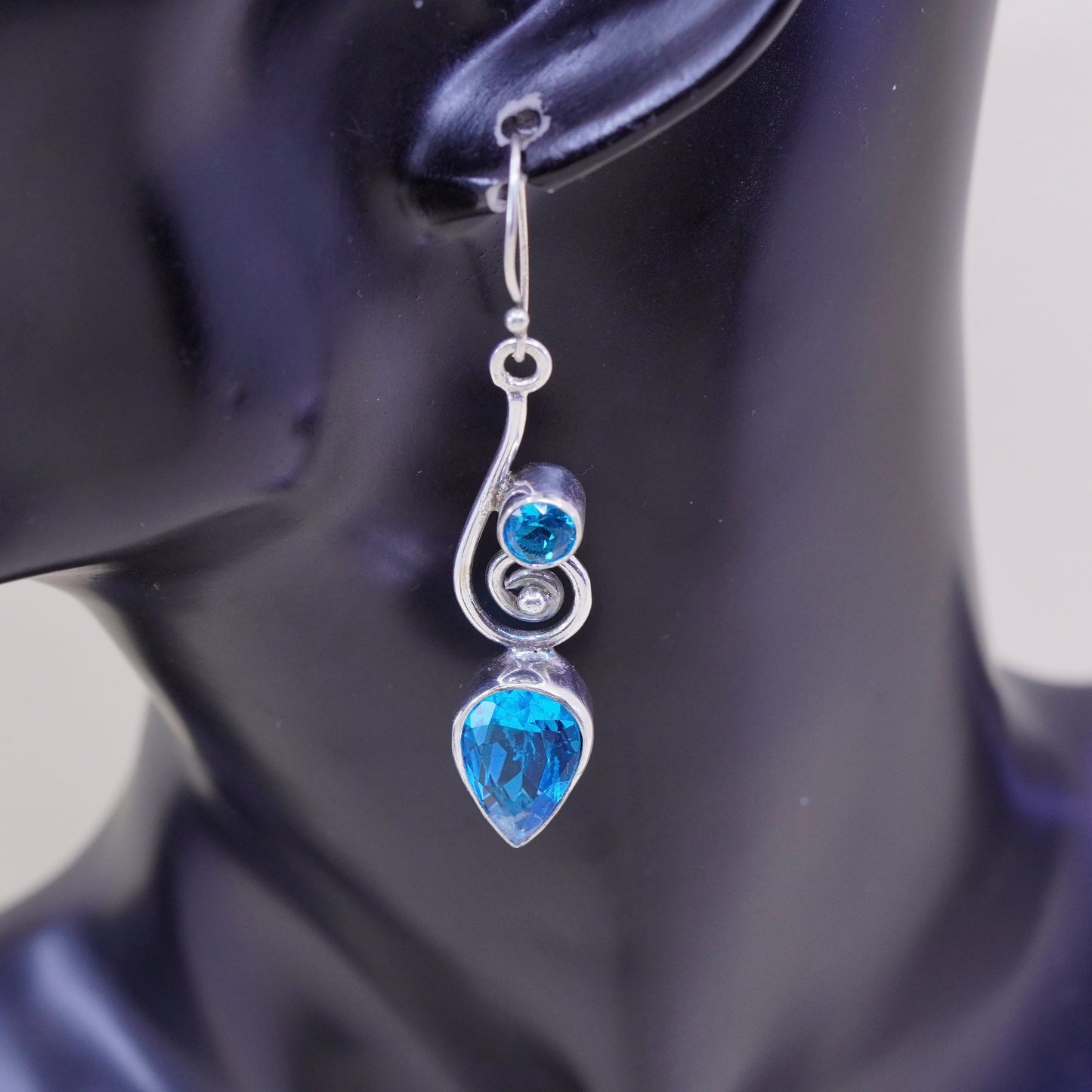 Vintage sterling silver handmade earrings, 925 with teardrop blue topaz drops