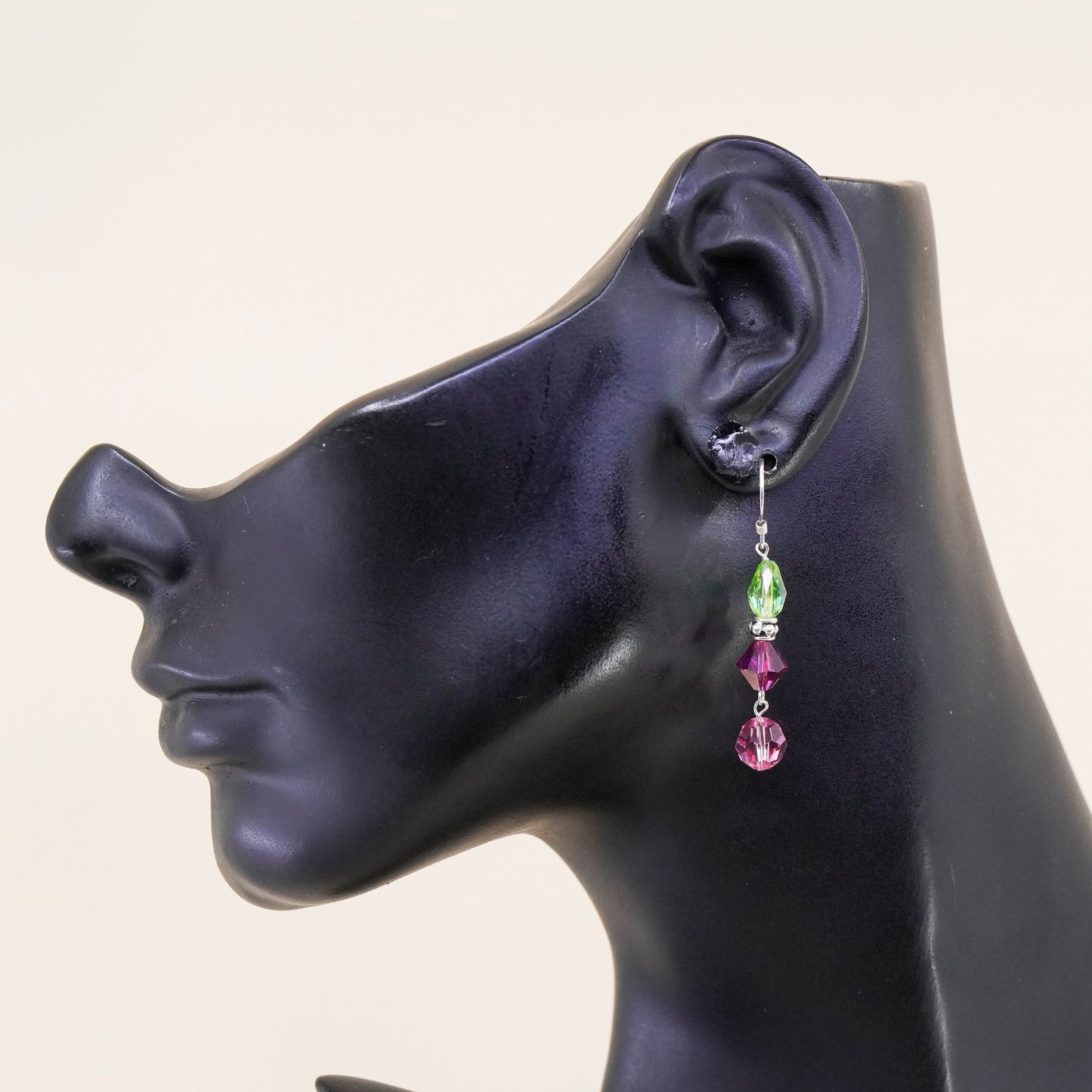 Vintage Sterling 925 silver handmade earrings with pink ruby green crystal