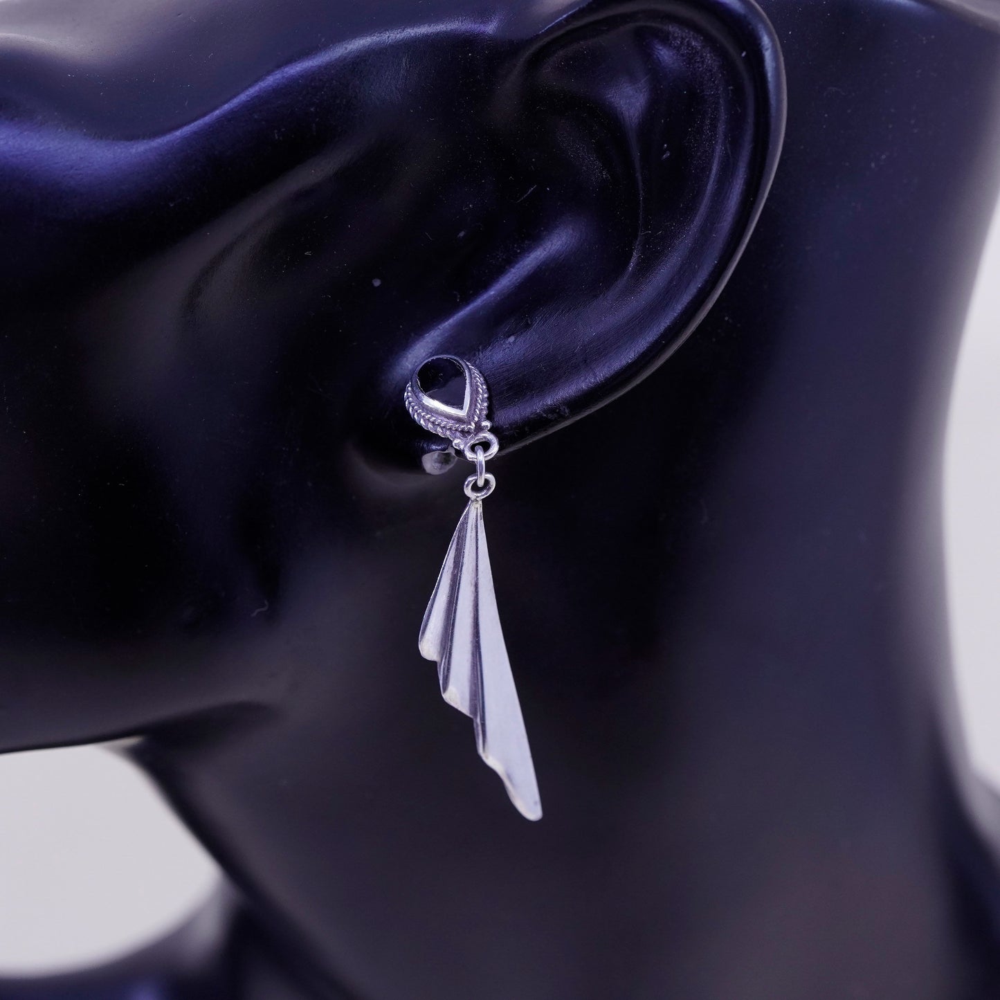 Sterling silver handmade earrings, Native American 925 wings teardrop obsidian