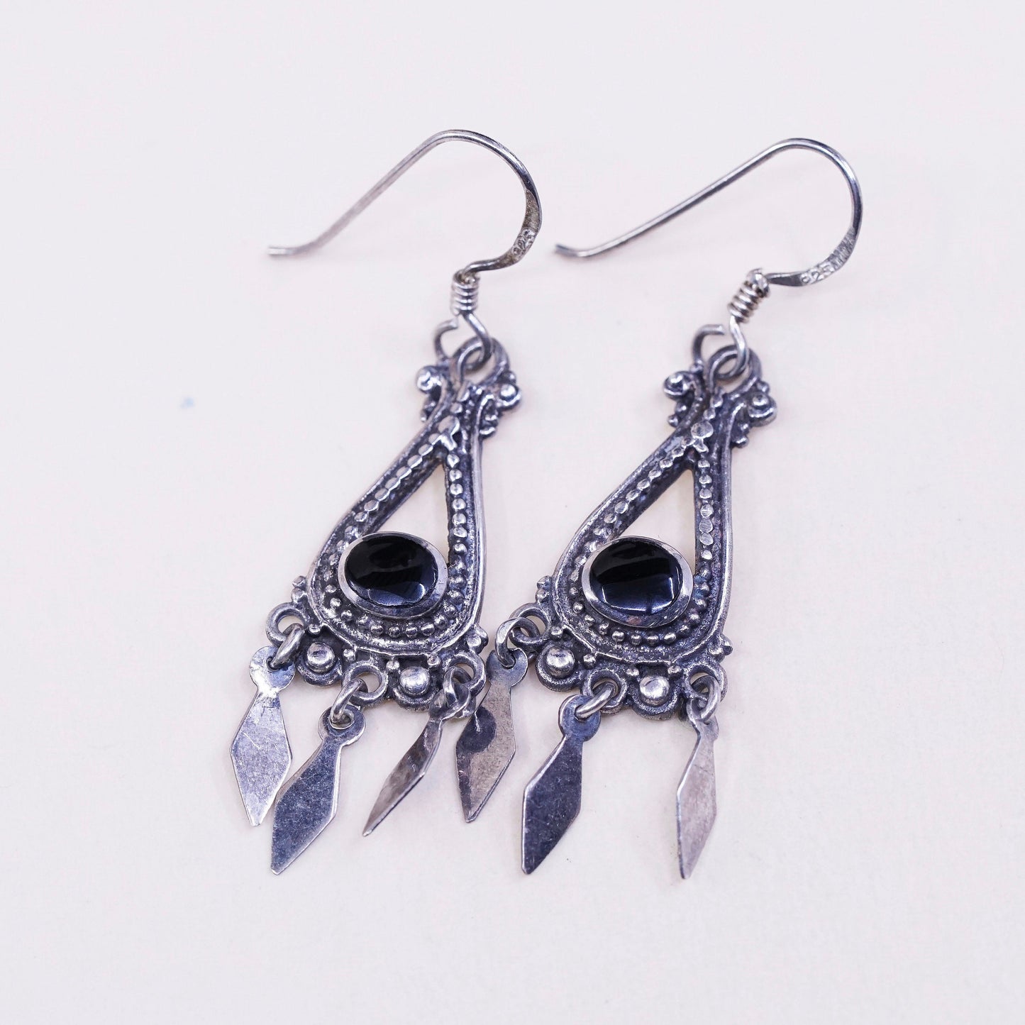 Vintage Sterling silver handmade earrings, 925 drops with obsidian and fringe