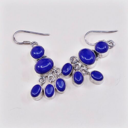 Vtg Sterling Silver Handmade Earrings W/ Blue Onyx Beads Dangles, Stamped 925