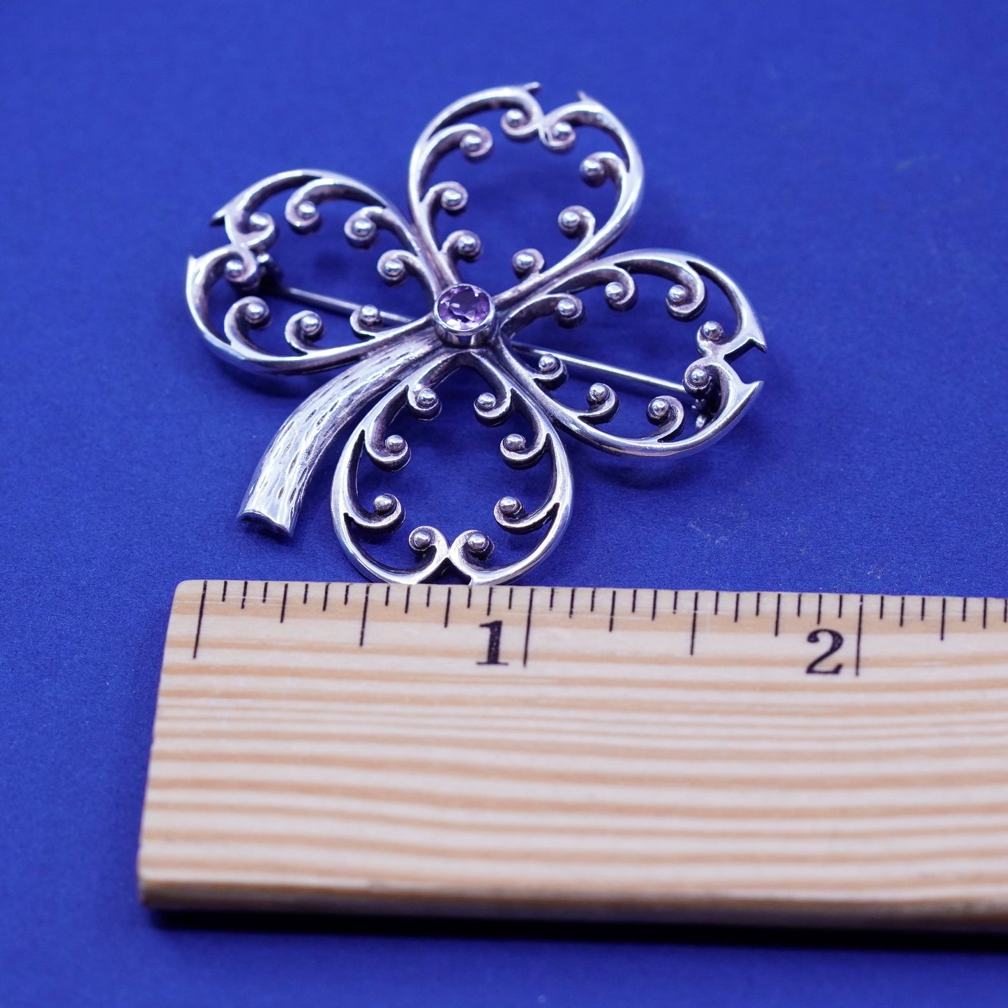 Vintage PSCL Sterling silver handmade brooch, 925 lucky clover flower amethyst