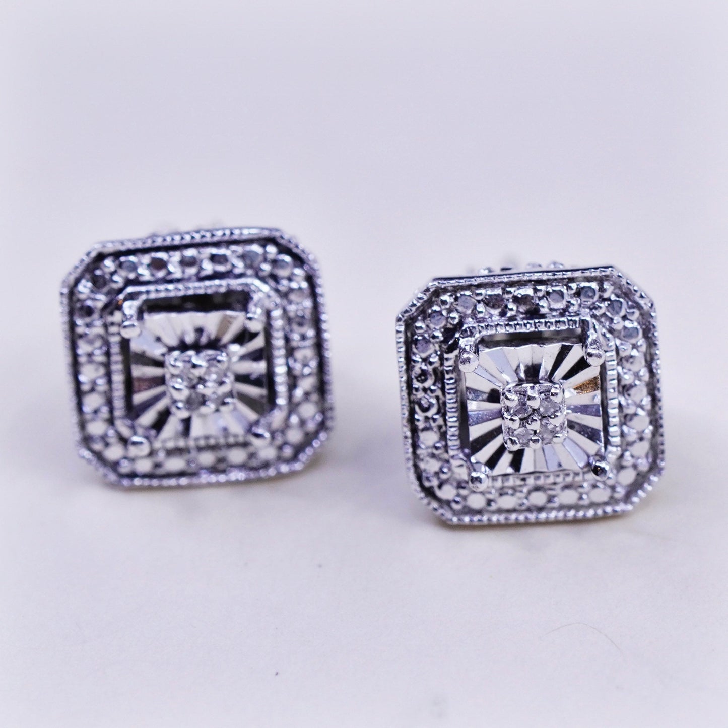 Vintage sterling silver handmade earrings, 925 square shaped studs with diamond