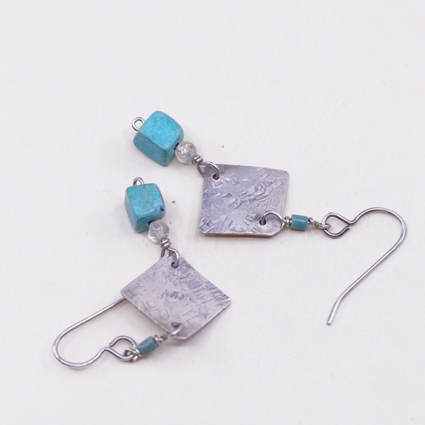 Vintage Sterling 925 silver handmade tag earrings, with cube turquoise