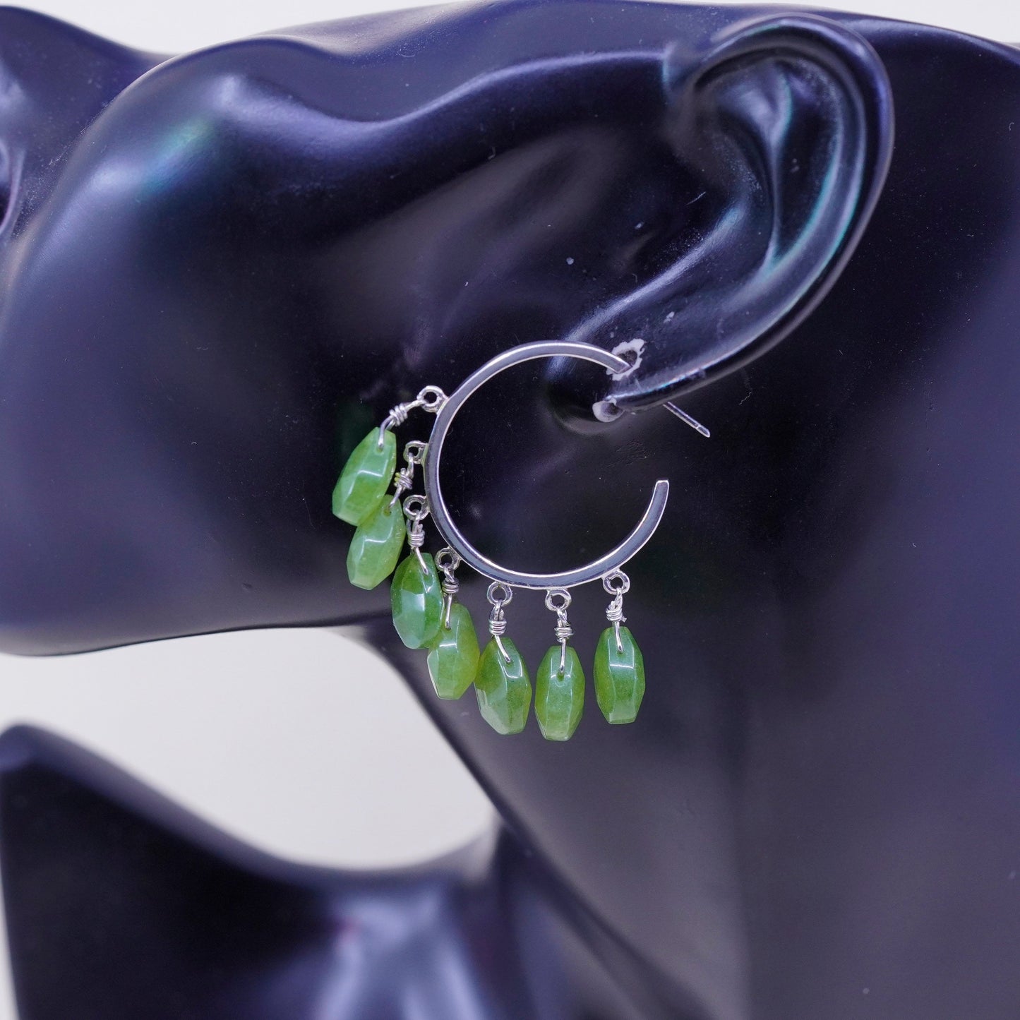 Sterling silver handmade earrings, 925 hoops Huggie with cluster teardrop jade