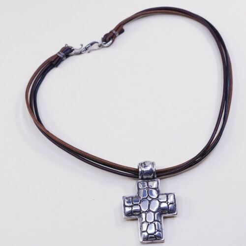 16”, Vtg Sterling 925 Silver Handmade Cross Pendant W/ BROWN Leather Necklace