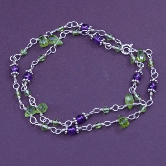 16”, Sterling silver Handmade necklace 925 circle chain peridot amethyst nugget