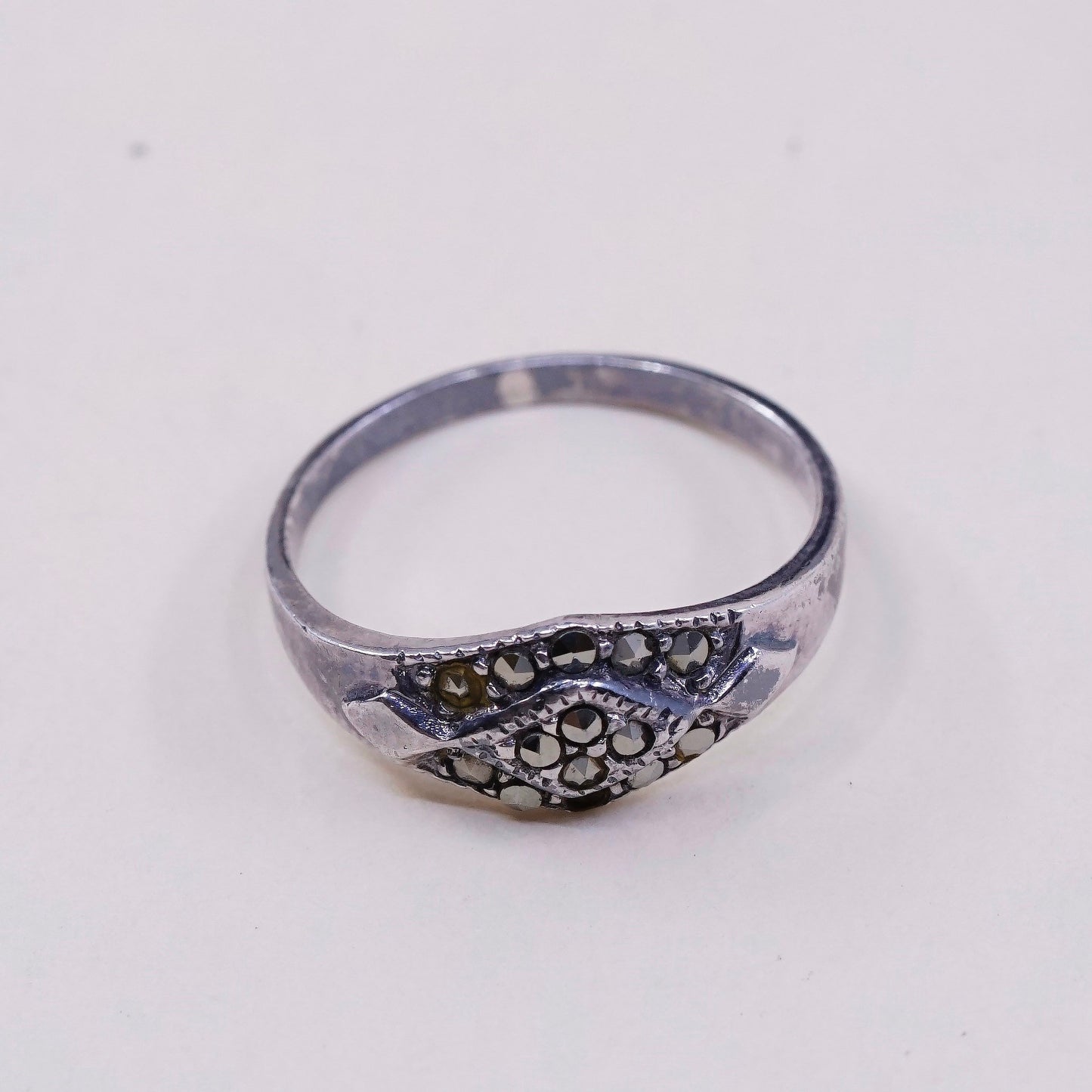 Size 6, Vintage Sterling 925 silver handmade ring with marcasite, stamped 925