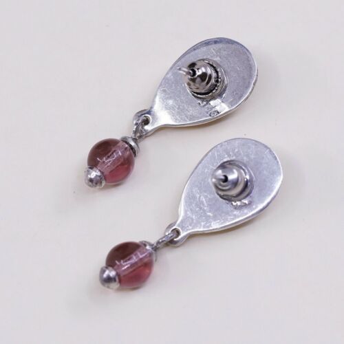 Vtg Sterling Silver Handmade Earrings, 925 Teardrop Dangles W/ Garnet Dangle