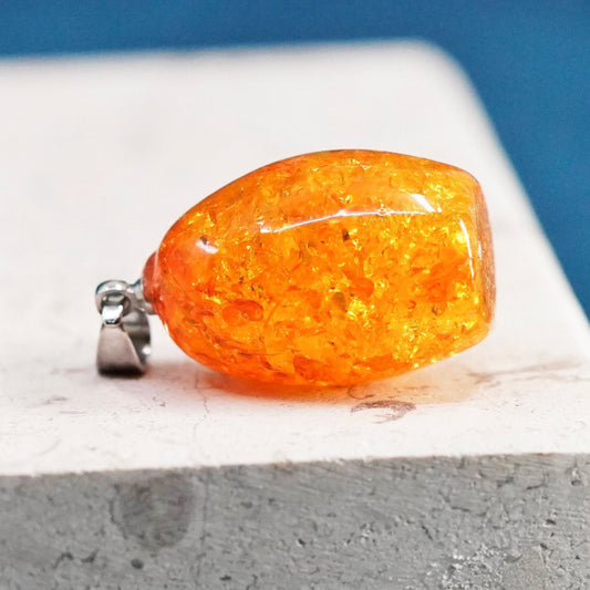 Vintage Sterling 926 silver handmade pendant with amber