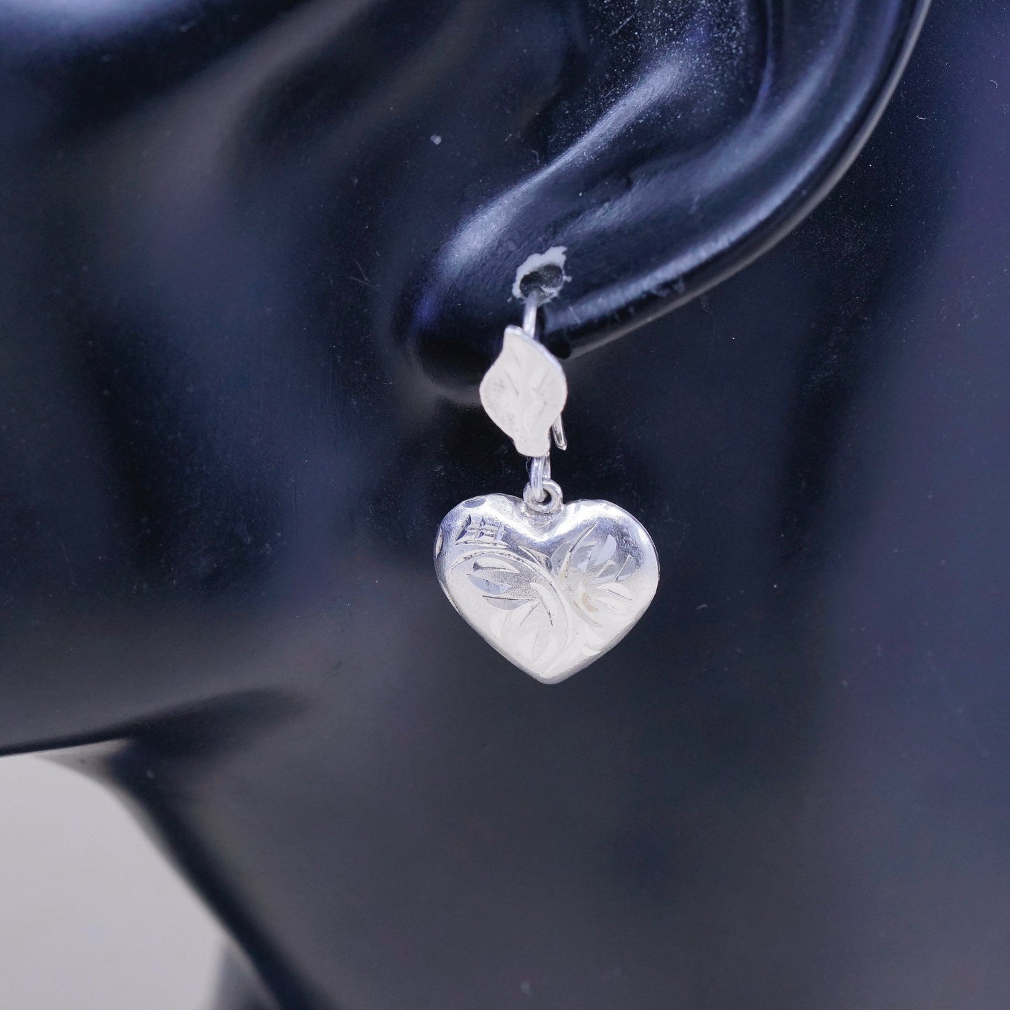 Vintage sterling silver heart shaped drop earrings, 925 textured heart