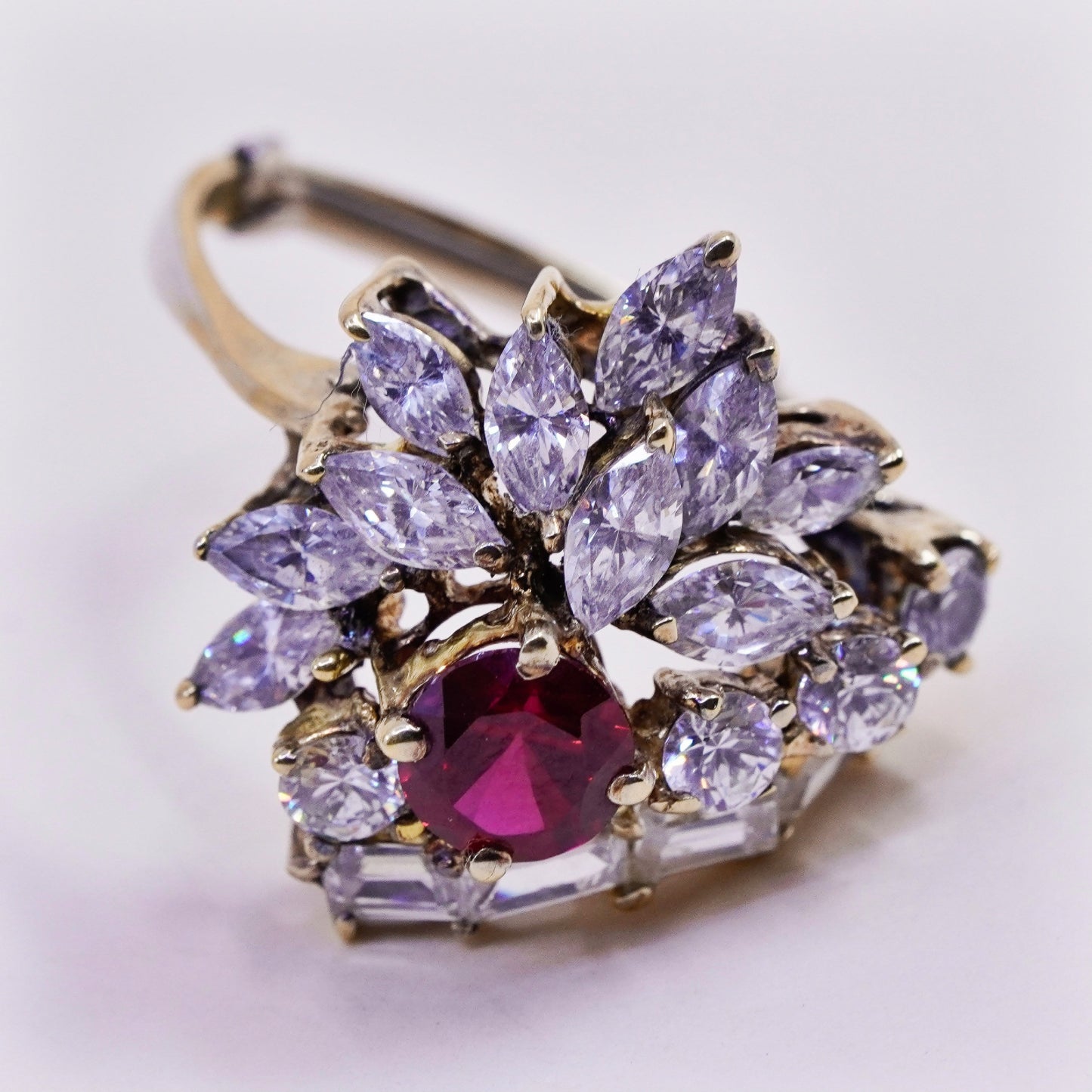 Size 10.5, Vintage sterling silver handmade statement ring, ruby and cluster cz