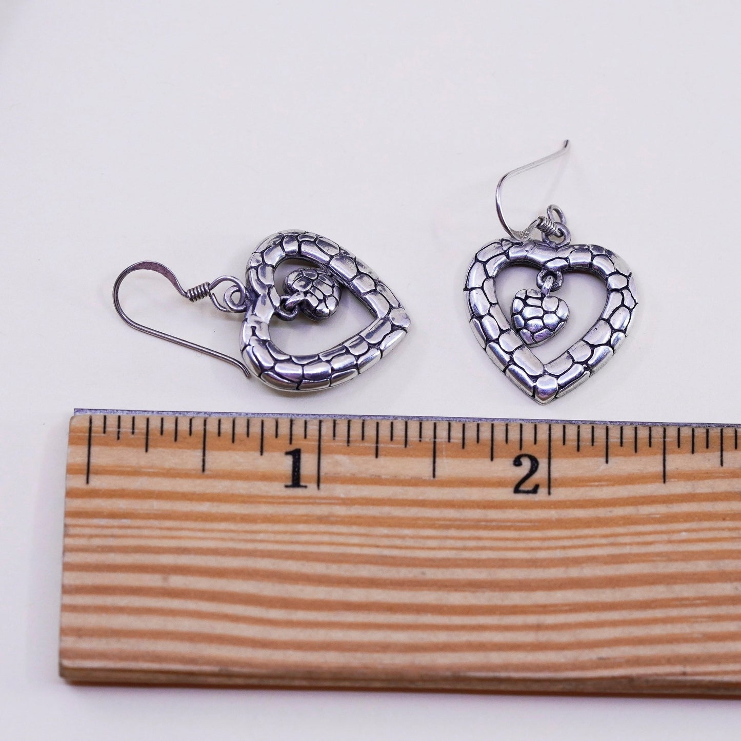 Vintage sterling silver handmade earrings, textured 925 heart dangles